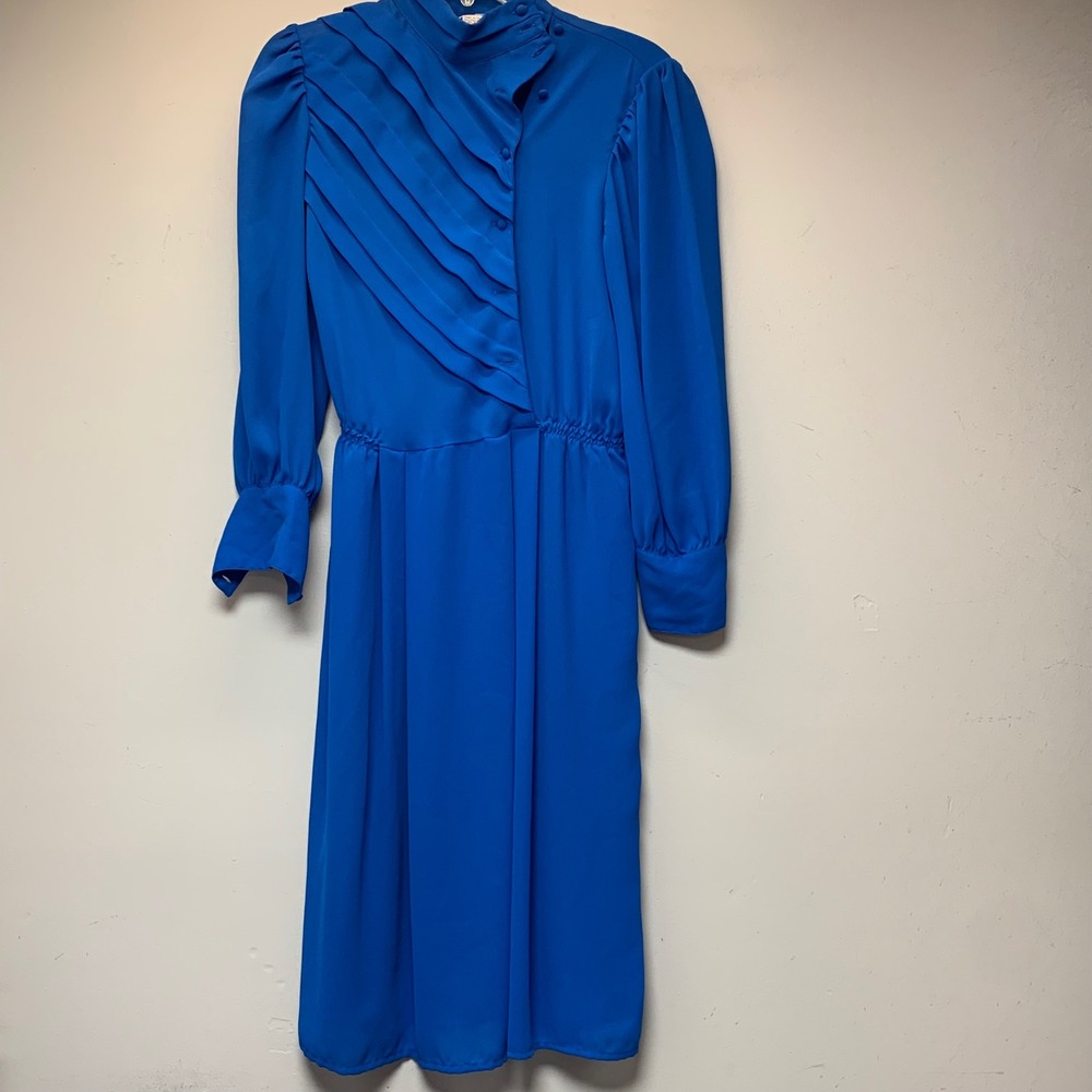 Townhouse Midi Dress Womens 10P Royal Blue Excellent Vintage Pleated 80s 13877